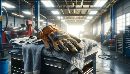 Wall Mural - A hyper realistic, macro view of work gloves and oil-stained shop towel