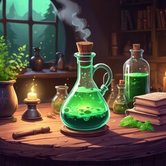 A vibrant green potion swirls inside a flask on a rustic table, next to a candle, herbs, and old spellbooks, evoking a mystical and enchanting witch's laboratory