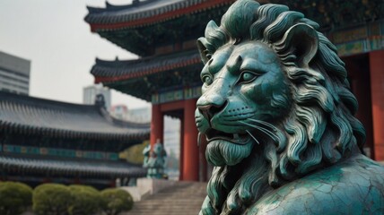 A fierce armored lion statue stands proudly before a grand building