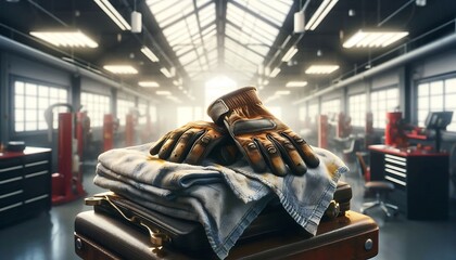 Wall Mural - A hyper realistic, macro view of work gloves and oil-stained shop towel