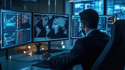 data analysis in modern office with multiple screens