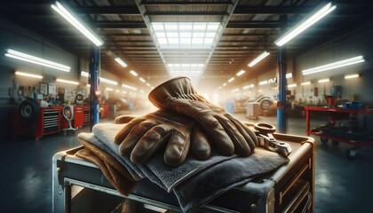 Wall Mural - A hyper realistic, macro view of work gloves and oil-stained shop towel