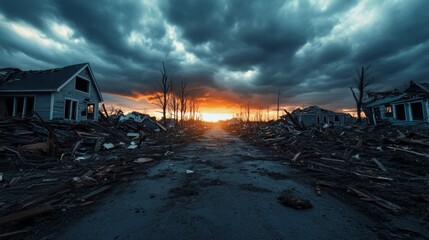 Aftermath of a tornado with destroyed houses and scattered debris under a calm, post-storm sky rebuilding after disaster 