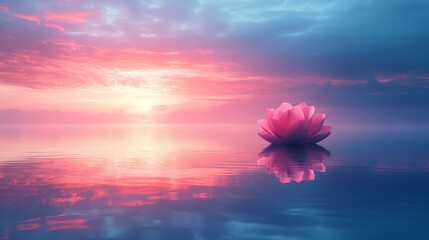 A pink flower is floating on the surface of a calm body of water