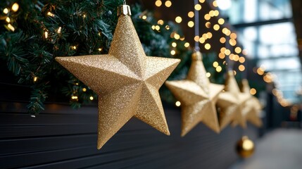 Sticker - Christmas decorations display with glittering stars, baubles, and artificial snow, festive shop atmosphere, bright lighting 