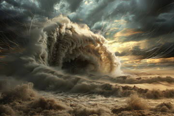 Wall Mural - A large wave is crashing into the shore, with the sky above it being cloudy