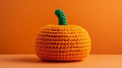 Wall Mural - Close-up of an intricately stitched crochet pumpkin with a green stem against a gradient orange background 