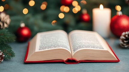 Poster - Close-up of an open Christmas carol book surrounded by festive decorations, glowing candlelight, cozy holiday scene 