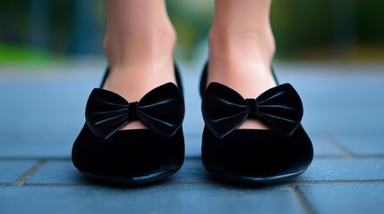 Sticker - Close-up of ballet flats in black velvet, sleek and sophisticated, with a small bow and minimal detailing 