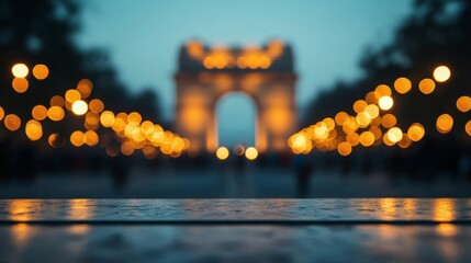 Poster - Close-up of India Gate lit up in warm Diwali lights with festive decorations and people celebrating in the background 