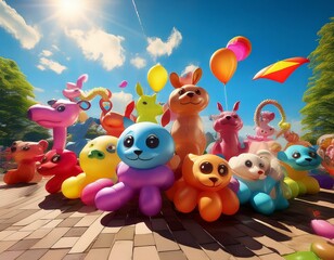 A vibrant scene of balloon animals in various shapes and colors, playfully arranged against a sunny sky background, evoking a sense of joy and fun