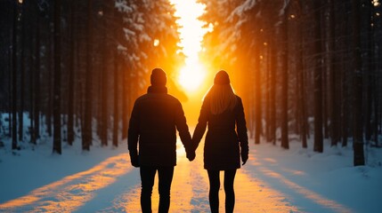 Sticker - Couple walking through a frost-covered forest, hands in pockets, soft winter sun peeking through the trees, cuffing season stillness 