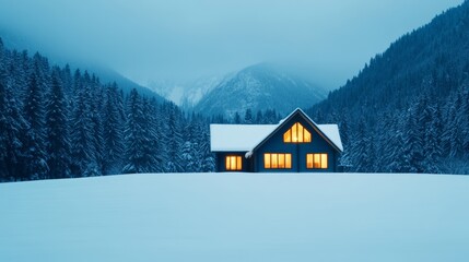 Wall Mural - Cozy winter resort lodge nestled in snowy mountains with warm lights glowing from the windows serene retreat 