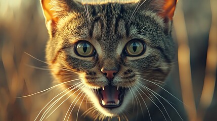 Wall Mural - Close-up Portrait of a Tabby Cat with Open Mouth and Sharp Teeth