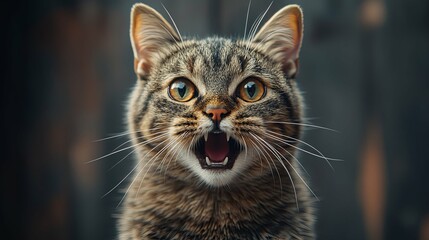 Close-up Portrait of a Tabby Cat with an Open Mouth and Wide Eyes