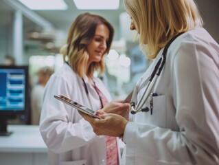 Two female doctors in white coats discussing patient information in a hospital setting, one holding a tablet.