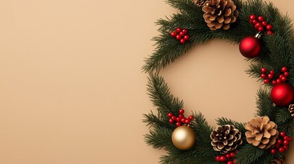 Poster - Elegant Christmas wreath with pinecones, golden ornaments, and berries, close-up, isolated on a soft gradient background 