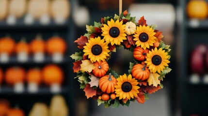 Canvas Print - Elegant Thanksgiving wreath adorned with pumpkins, fall leaves, and sunflowers hanging in a boutique shop, warm tones 