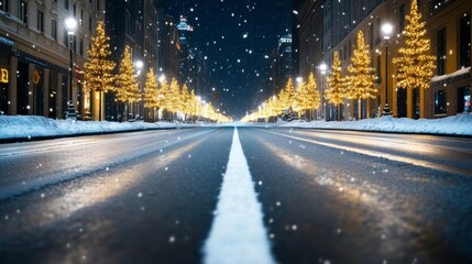 Canvas Print - Empty city street illuminated by glowing Christmas lights on Christmas Eve, gentle snowfall, peaceful holiday scene 