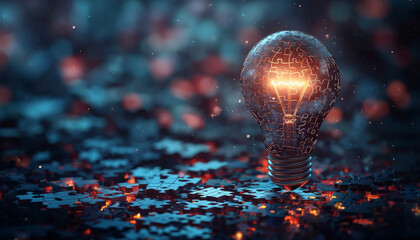 glowing light bulb made of puzzle pieces symbolizes creativity and problem solving in vibrant, abstr