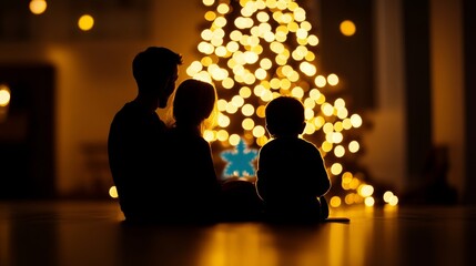 Canvas Print - Family sitting by a glowing Christmas tree on Christmas Eve, reading holiday stories, twinkling lights and warm atmosphere 