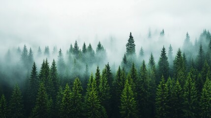 Wall Mural - Foggy morning in a forest with trees filtering clean, fresh air pristine air quality 