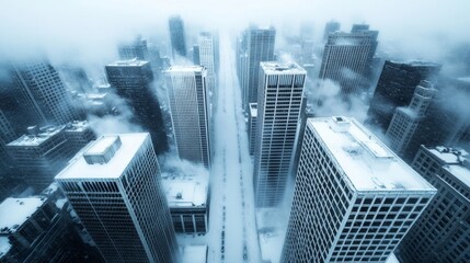 Canvas Print - Frozen cityscape from above, streets buried in snow, buildings frosted over, harsh wind howling through the frozen environment 