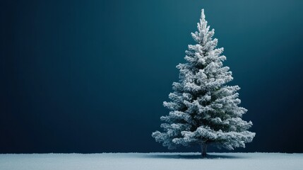 Wall Mural - the snow covered christmas tree contrasts with the dark blue backdrop