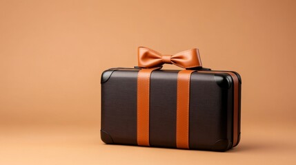 Canvas Print - Gift box shaped like a vintage suitcase with leather straps and a bow isolated on a warm tan background 