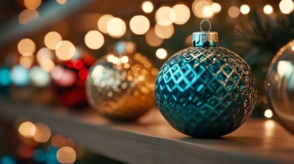 Poster - Glass Christmas ornaments with intricate designs, displayed on a shelf in a cozy shop, warm holiday lights 