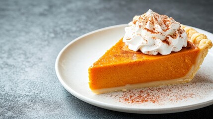 Poster - Golden pumpkin pie slice garnished with whipped cream and sprinkled with cinnamon background with empty space for text 