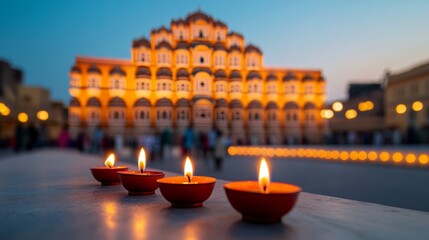 Sticker - Hawa Mahal during Diwali with diyas and colorful lights adorning its façade against a festive Jaipur night 