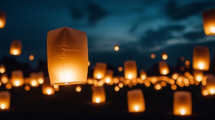 Wall Mural - Hundreds of glowing lanterns released into the night sky during the Yi Peng festival in Chiang Mai, illuminating the sky with soft golden light 