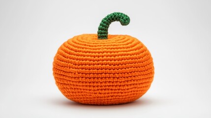 Wall Mural - Large crochet pumpkin with detailed ribbing and a twisted green stem isolated on a white background handmade fall craft 