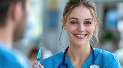 Canvas Print - A nurse holding a syringe and smiling at the camera, AI