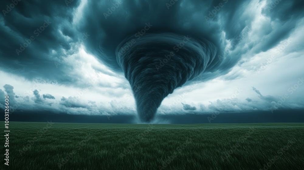 Massive tornado funnel touching down in an open field under dark ...