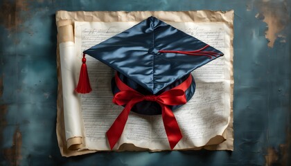 Wall Mural - Classic graduation cap and diploma tied with red ribbon showcasing the rich texture of paper and fabric