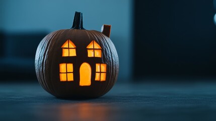 Sticker - Pumpkin carved like a haunted house with tiny windows and eerie glowing lights, isolated on a twilight blue background 