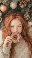 Sticker - A woman with red hair eating a doughnut