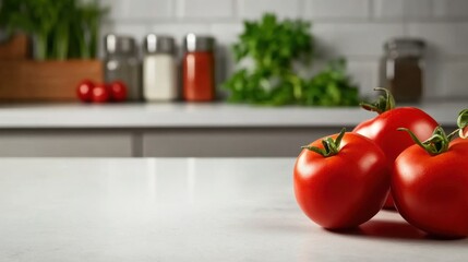 Wall Mural - Three tomatoes sit on a counter top in front of some herbs, AI