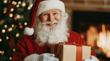 Poster - Santa Claus placing gifts under a beautifully decorated Christmas tree on Christmas Eve, soft glow from fireplace, festive vibe 