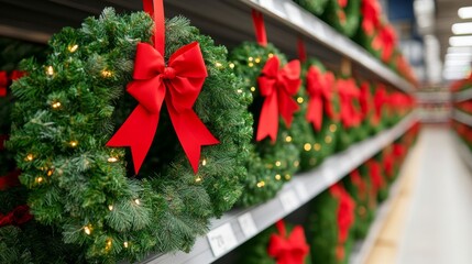 Poster - Shelves lined with Christmas wreaths in a busy store, decorated with lights, red bows, and pine branches 