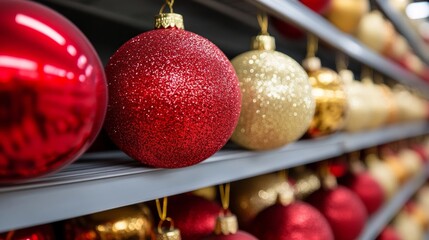 Poster - Shelves lined with red and gold Christmas baubles, tinsel, and decorative ribbons, holiday shopping scene 