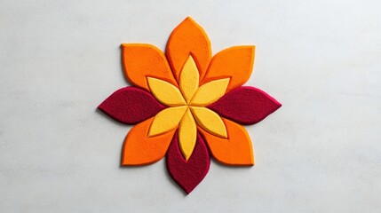 Poster - Simple geometric Rangoli design using colored powders in red, orange, and yellow isolated on a smooth surface 