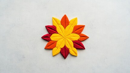 Wall Mural - simple geometric rangoli design using colored powders in red, orange, and yellow isolated on a smoot