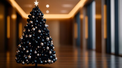 Sticker - Sleek black Christmas tree adorned with crystal and silver ornaments, glowing softly in a dark room, modern holiday elegance 