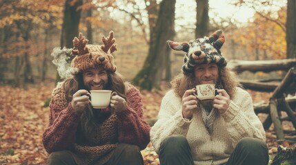 Canvas Print - A couple of people sitting next to each other holding cups