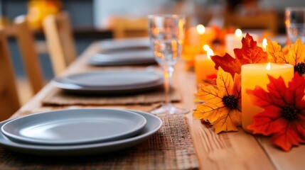 Poster - A table with plates and candles on it is decorated for a dinner party, AI