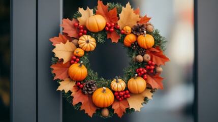 Sticker - Thanksgiving wreath featuring orange and gold leaves, mini pumpkins, and berries, hanging on a store door, soft afternoon light 