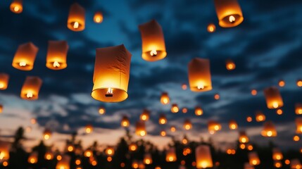 Poster - Wide view of thousands of lanterns rising into the sky during the Yi Peng festival with temples and trees silhouetted below breathtaking sight 